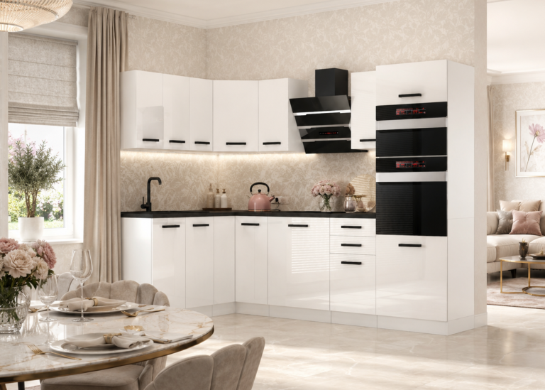 Meble kuchenne Premium Full Version 420 cm białe połysk z blatem Producent INF MELANIE/0/WT/W/B/B1