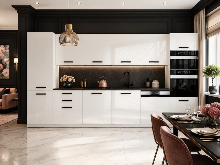 Meble kuchenne Premium Full Version 360 cm białe połysk z blatem Producent INF NAOMI/0/WT/W/B/B1