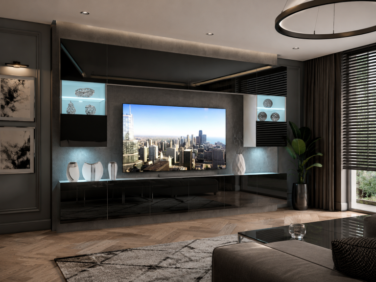 Meblościanka 300 cm TV/RTVczarna połysk Producent IMP 1/5/W/B/0/0