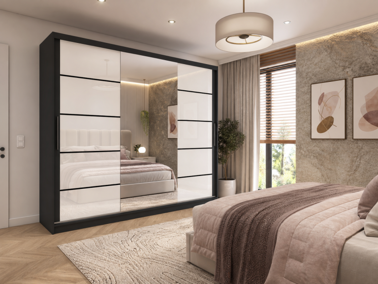Szafa przesuwna 232 cm PREMIUM Z SZUFLADAMI z lustrem biały połysk Producent MGB SZP8/0/B/2W1L/KLP