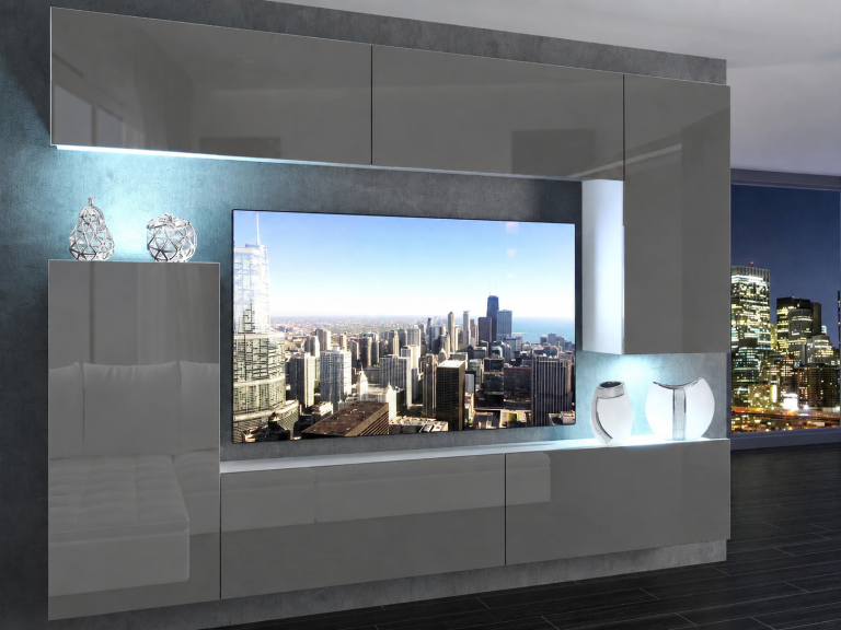 Meblościanka 250 cm TV/RTV szara połysk Producent IMP 8/5/W/S/0/0