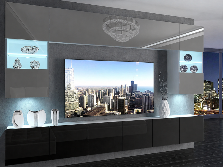 Meblościanka 300 cm TV/RTV szara połysk czarna połysk Producent IMP 1/5/W/WB/0/0