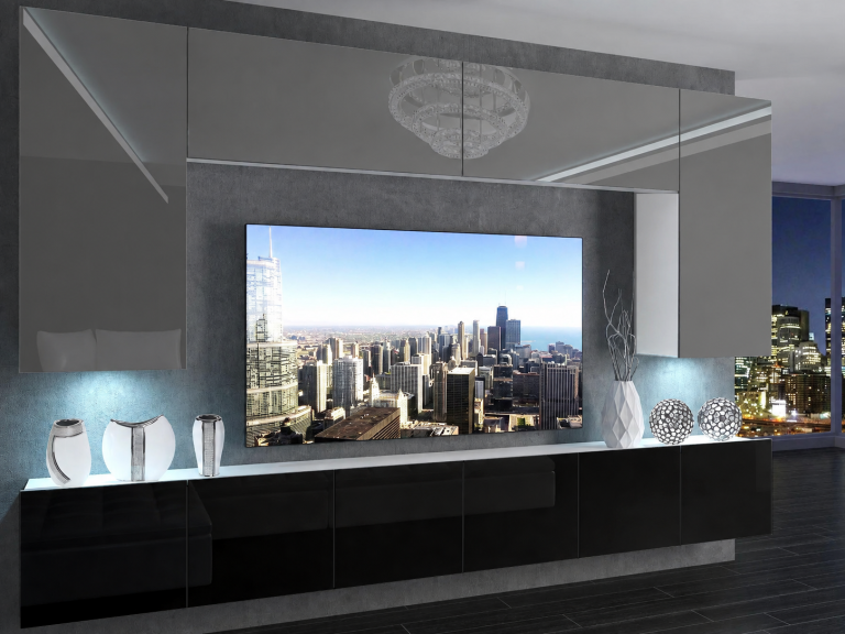 Meblościanka 300 cm TV/RTV szarapołysk czarna połysk Producent IMP 2/5/W/SB/0/0