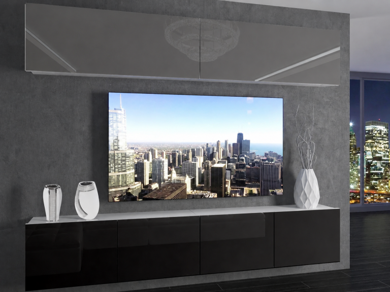 Meblościanka 200 cm TV/RTV szara połysk czarna połysk Producent IMP 6/5/W/SB/0/0