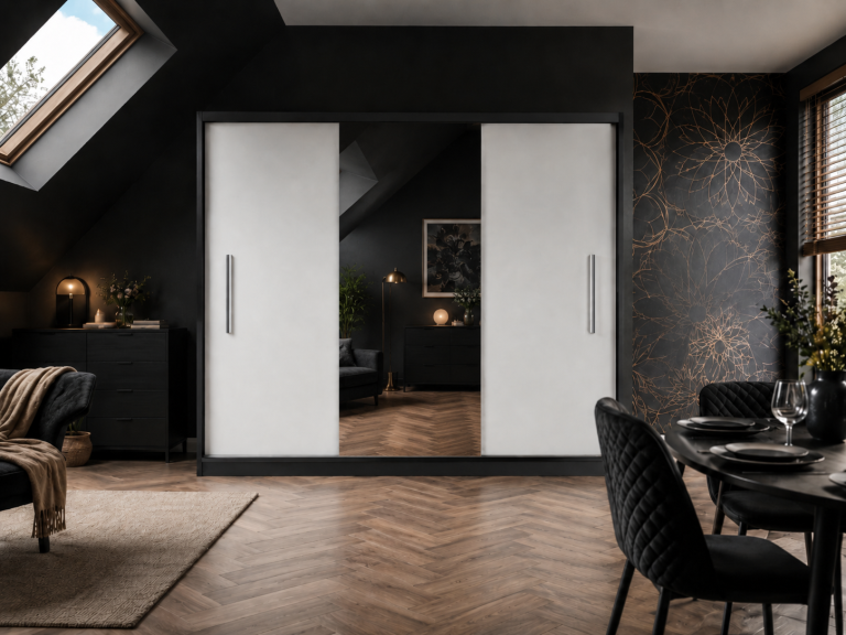 Szafa przesuwna 232 cm z lustrem biała mat Producent MES PRIMO SZP4/2/1B/2W1L/0/AL