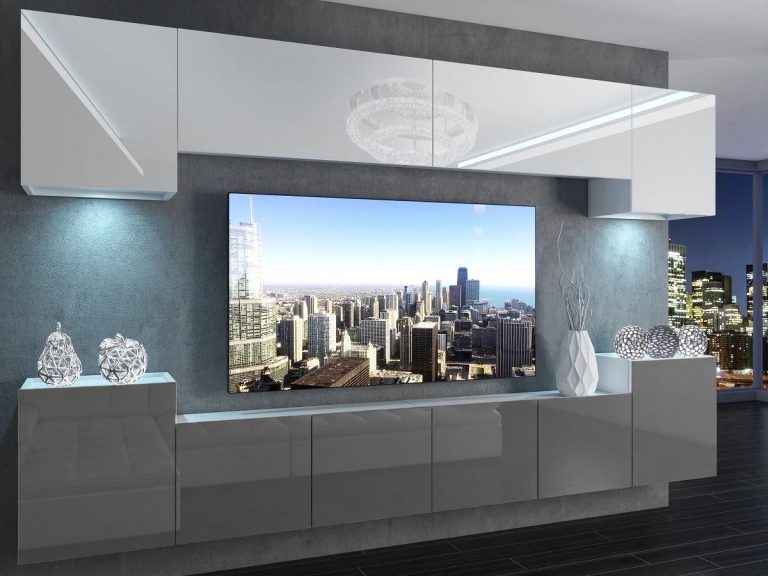 Meblościanka 300 cm TV/RTV biała szara Producent IMP 4/5/W/WS/0/0