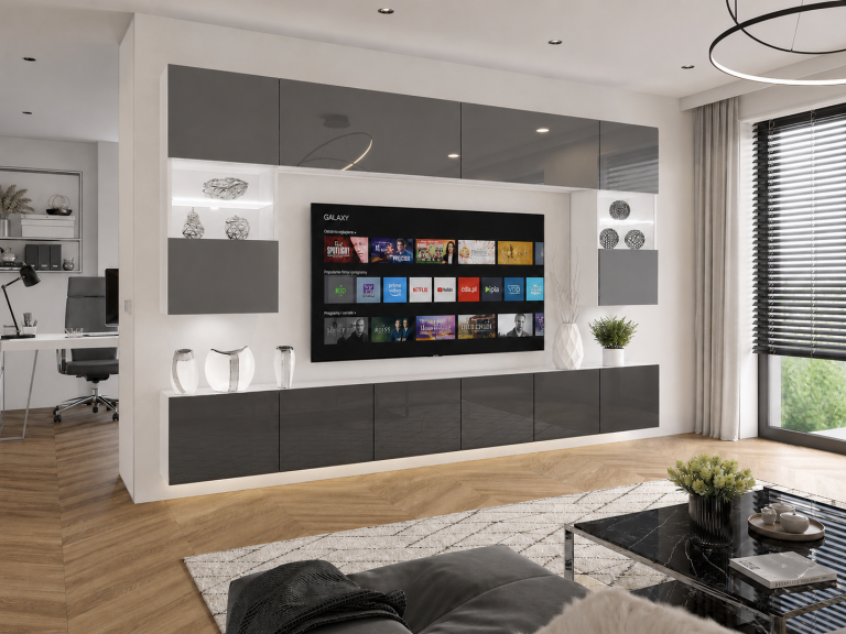 Meblościanka 300 cm TV/RTV szara połysk Producent IMP 1/5/W/S/0/0