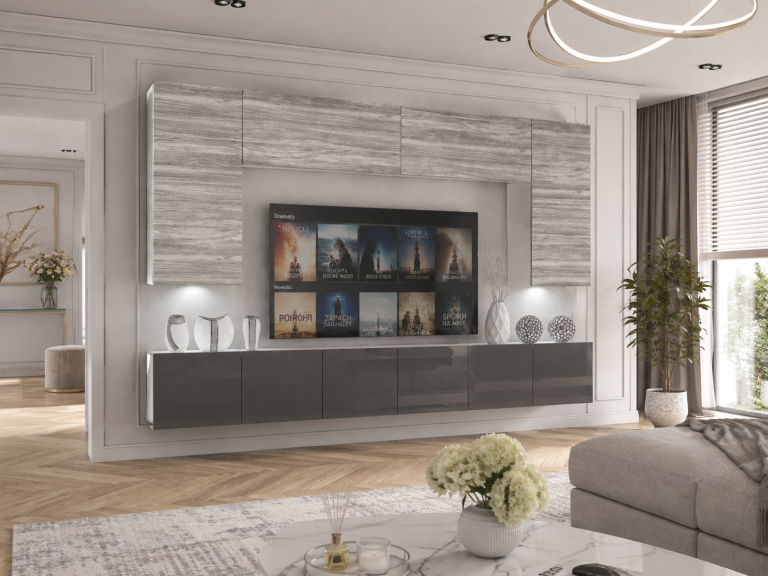 Meblościanka 300 cm TV/RTV szary antracyt grafitowy połysk  Producent IMP 2/5/W/GW1S/0/0