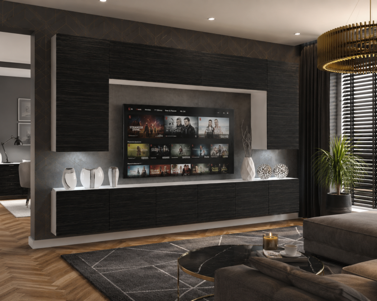 Meblościanka 300 cm TV/RTV czarna heban Producent IMP 2/5/W/HK/0/0