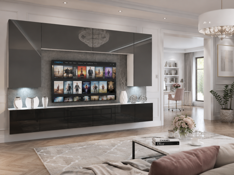 Meblościanka 300 cm TV/RTV szarapołysk czarna połysk Producent IMP 2/5/W/SB/0/0