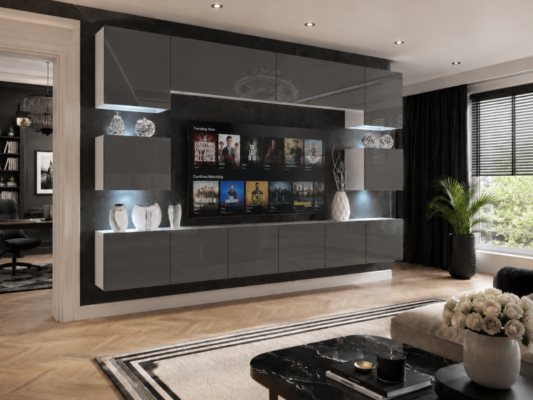 Meblościanka 300 cm TV/RTV szara połysk Producent IMP 3/5/W/S/0/0