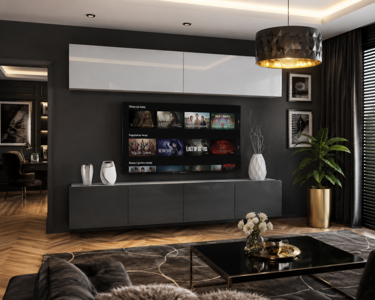 Meblościanka 200 cm TV/RTV biała połysk szara połysk Producent IMP 6/5/W/WS/0/0