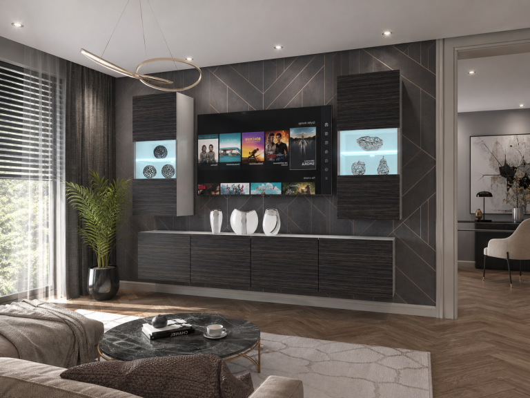 Meblościanka 200 cm TV/RTV czarna heban Producent IMP 7/5/W/HK/0/0