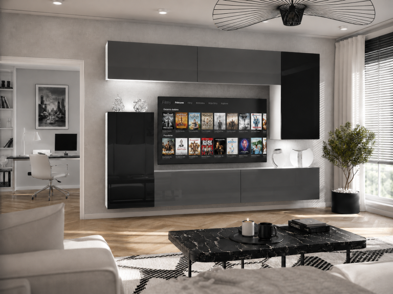 Meblościanka 250 cm TV/RTV szara połysk czarna połysk Producent IMP 8/5/W/SBBS/0/0