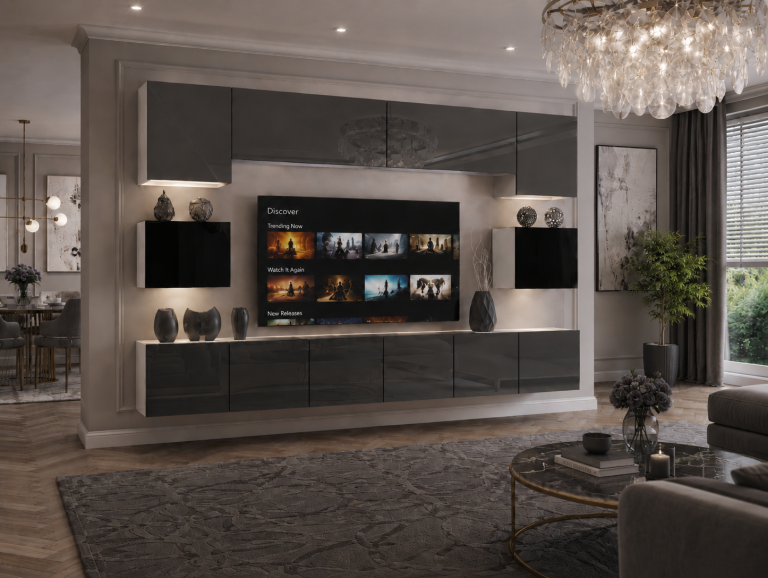 Meblościanka 300 cm TV/RTV szara połysk czarna połysk Producent IMP 3/5/W/SBS/0/0