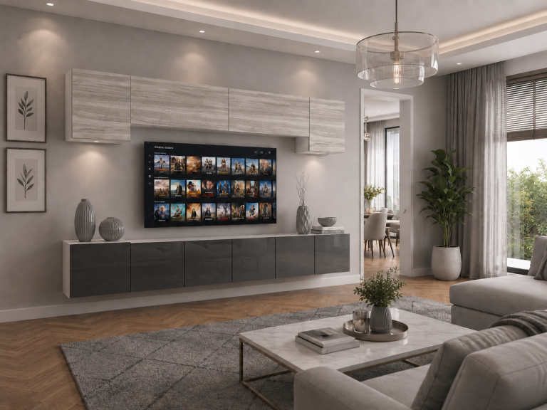 Meblościanka 300 cm TV/RTV szara połysk galmour wood Producent IMP 4/5/W/GW1S/0/0