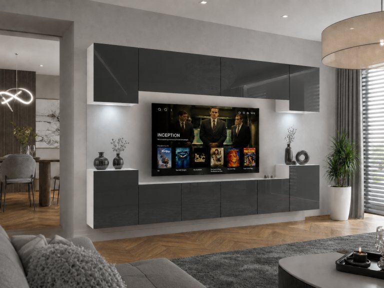 Meblościanka 300 cm TV/RTV szara połysk Producent IMP 4/5/W/S/0/0