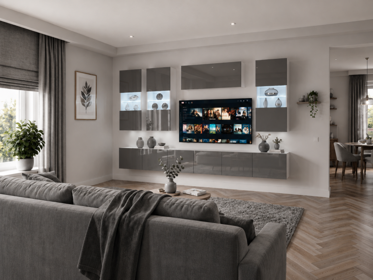 Meblościanka 300 cm TV/RTV szara połysk Producent IMP 5/5/W/S/0/0