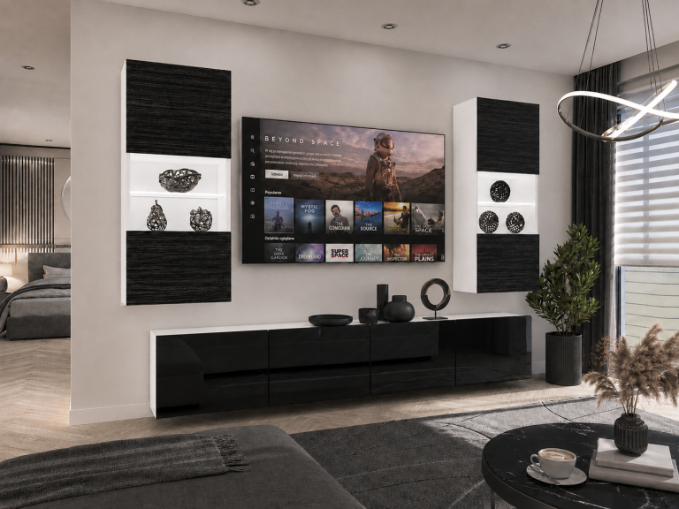 Meblościanka 200 cm TV/RTV czarna heban Producent IMP 7/5/W/HKB/0/0