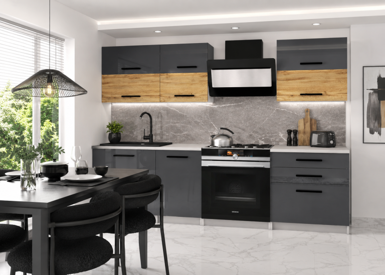 Meble kuchenne 180 cm szare połysk dębowe dąb wotan dąb sonoma z blatem Producent INF PRIMERA2/2/WT/SDWS/0/B1
