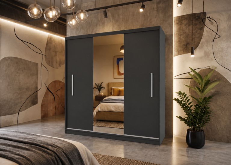 Szafa przesuwna 200 cm PRIMO z lustrem czarna heban mat Producent MES PRIMO SZP1/1/B/B/0/AL