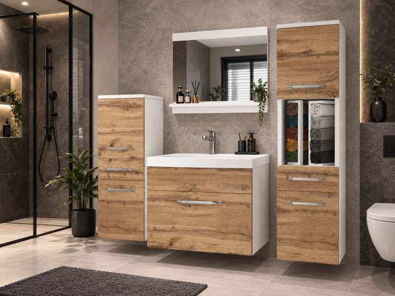 Meble łazienkowe szafki z umywalką z lustrem dębowe dąb wotan Producent ROD PRIMO M 5/0/W/DW/0/ZINC