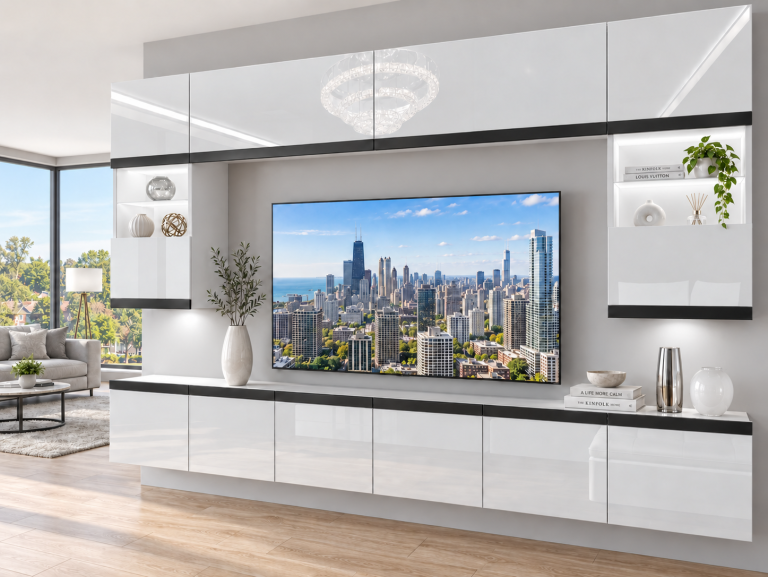 Meblościanka Prestige 300 cm TV/RTV biała połysk Producent IMP P2 Nolan 1/5/W/W/0/0/CM
