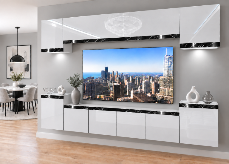 Meblościanka Prestige 300 cm TV/RTV biała połysk Producent IMP P Hepburn 4/5/W/W/0/0/CS