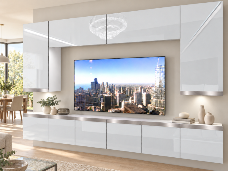 Meblościanka Prestige 300 cm TV/RTV biała połysk Producent IMP P Monroe 2/5/W/W/0/0/SL