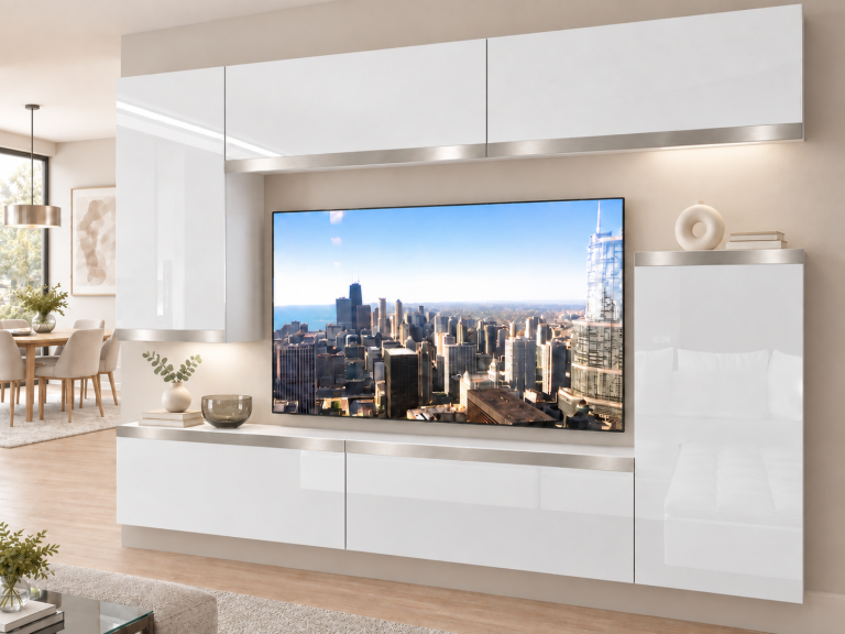 Meblościanka Prestige 250 cm TV/RTV biała połysk Producent IMP P Woody 8/5/W/W/0/0/SL