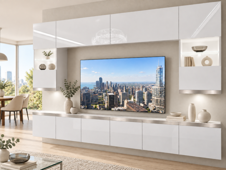 Meblościanka Prestige 300 cm TV/RTV biała połysk Producent IMP P1 Nolan 1/5/W/W/0/0/SL