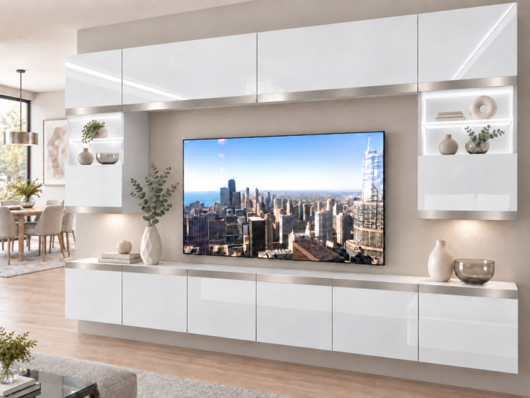 Meblościanka Prestige 300 cm TV/RTV biała połysk Producent IMP P2 Nolan 1/5/W/W/0/0/SL