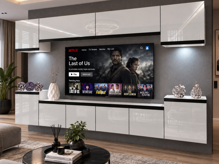 Meblościanka Prestige 300 cm TV/RTV biała połysk Producent IMP P Hepburn 4/5/W/W/0/0/CM