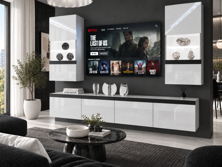 Meblościanka Prestige 200 cm TV/RTV biała połysk Producent IMP P Keanu 7/5/W/W/0/0/CM