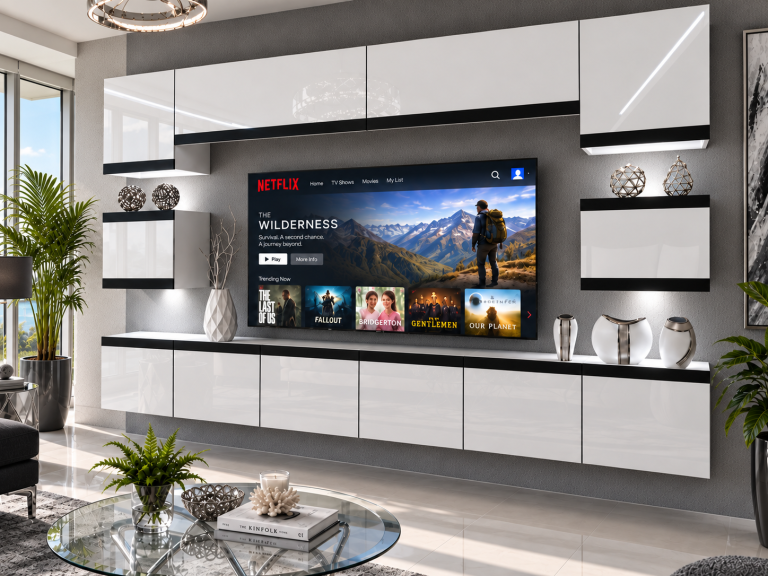 Meblościanka Prestige 300 cm TV/RTV biała połysk Producent IMP P Tarantino 3/5/W/W/0/0/CM