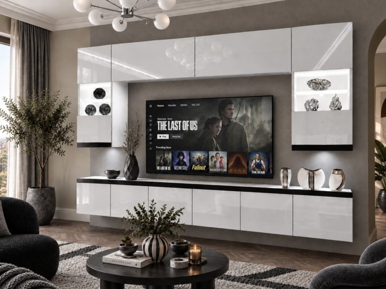 Meblościanka Prestige 300 cm TV/RTV biała połysk Producent IMP P1 Nolan 1/5/W/W/0/0/CM
