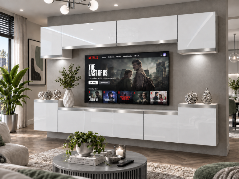 Meblościanka Prestige 300 cm TV/RTV biała połysk Producent IMP P Hepburn 4/5/W/W/0/0/SL