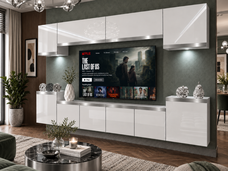 Meblościanka Prestige 300 cm TV/RTV biała połysk Producent IMP P Hepburn 4/5/W/W/0/0/SL