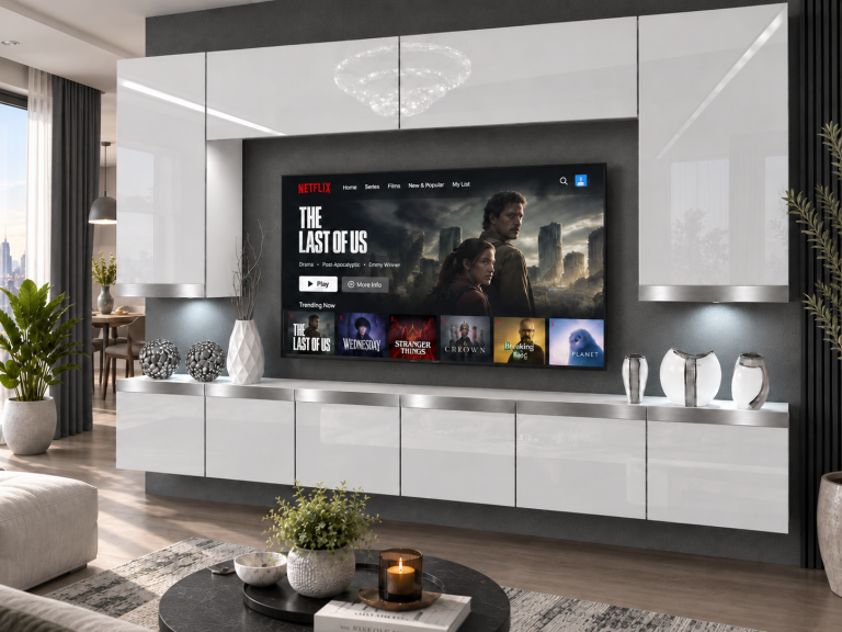 Meblościanka Prestige 300 cm TV/RTV biała połysk Producent IMP P Monroe 2/5/W/W/0/0/SL
