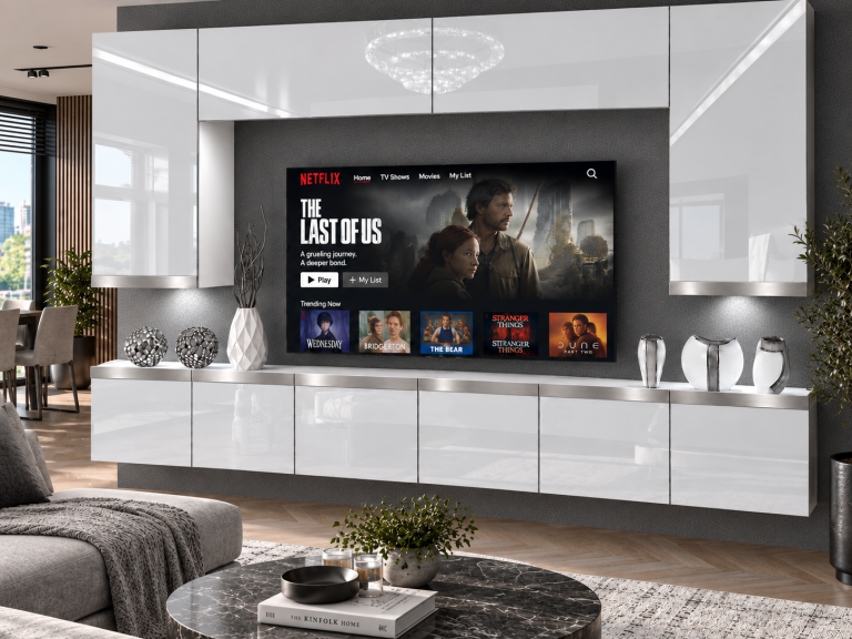 Meblościanka Prestige 300 cm TV/RTV biała połysk Producent IMP P Monroe 2/5/W/W/0/0/SL