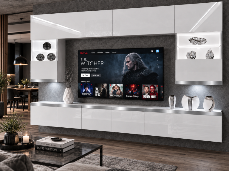 Meblościanka Prestige 300 cm TV/RTV biała połysk Producent IMP P1 Nolan 1/5/W/W/0/0/SL