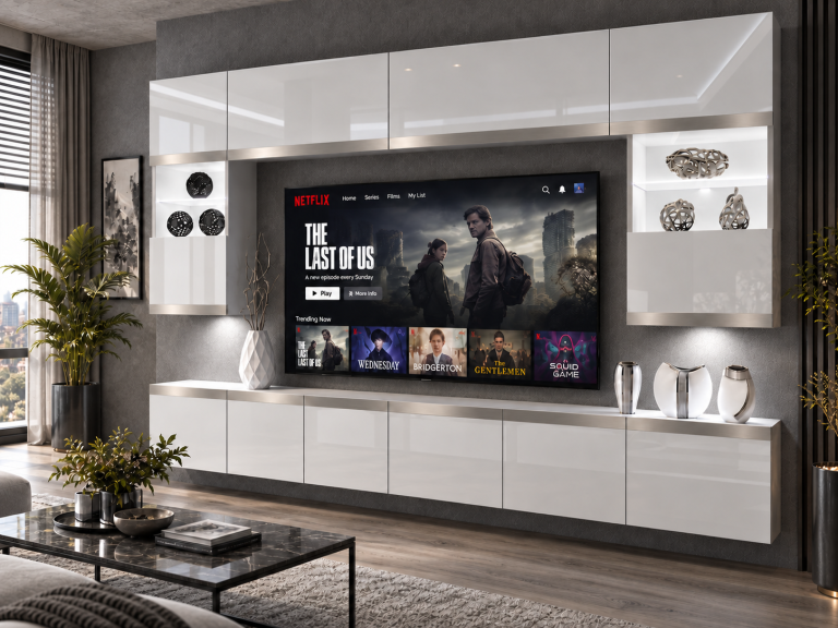 Meblościanka Prestige 300 cm TV/RTV biała połysk Producent IMP P2 Nolan 1/5/W/W/0/0/SL