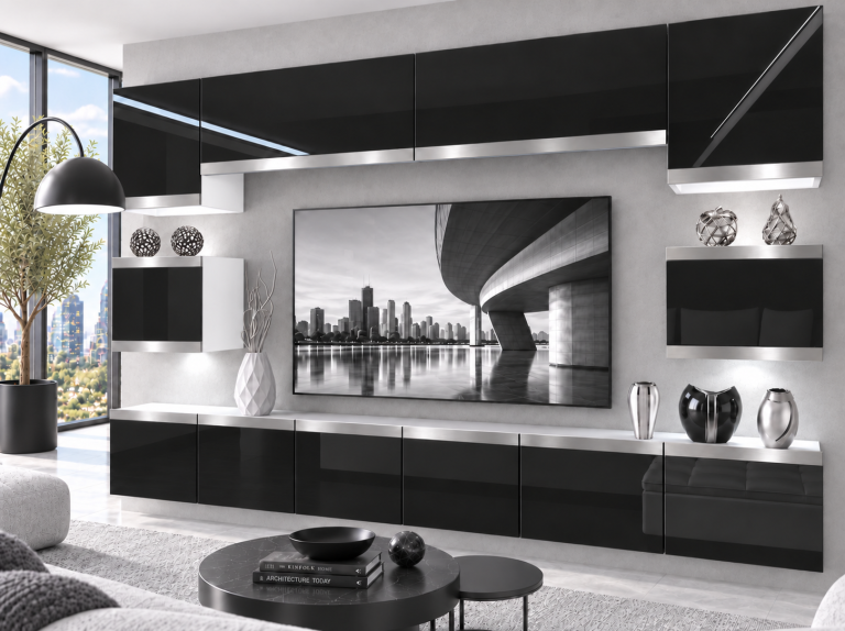Meblościanka Prestige 300 cm TV/RTV czarna połysk Producent IMP P Tarantino 3/5/W/B/0/0/SL