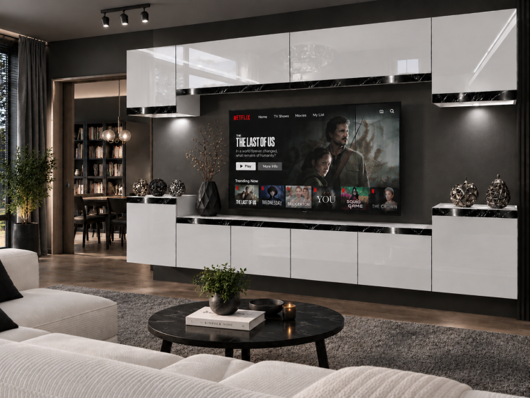 Meblościanka Prestige 300 cm TV/RTV biała połysk Producent IMP P Hepburn 4/5/W/W/0/0/CS