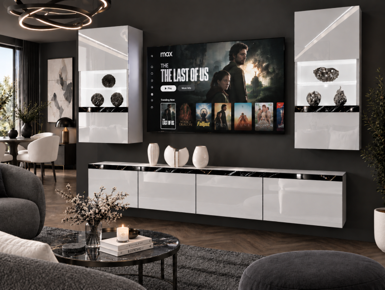 Meblościanka Prestige 200 cm TV/RTV biała połysk Producent IMP P Keanu 7/5/W/W/0/0/CS