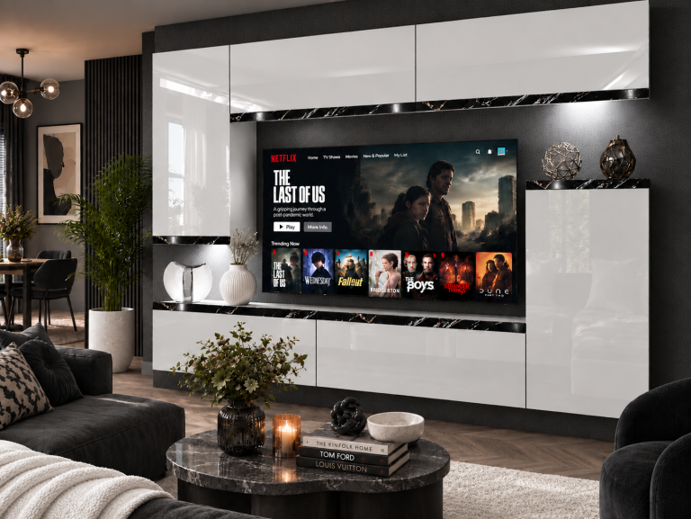 Meblościanka Prestige 250 cm TV/RTV biała połysk Producent IMP P Woody 8/5/W/W/0/0/CS