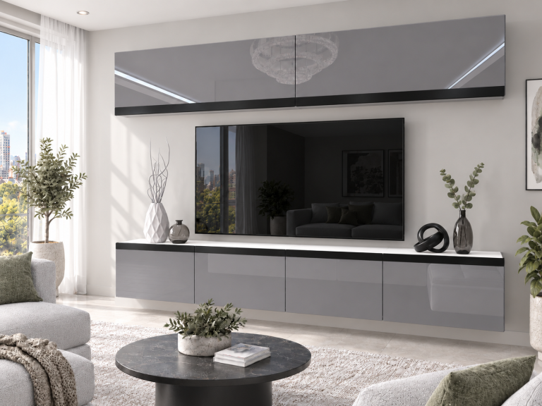 Meblościanka Prestige 200 cm TV/RTV szara połysk Producent IMP P Brando 6/5/W/S/0/0/CM