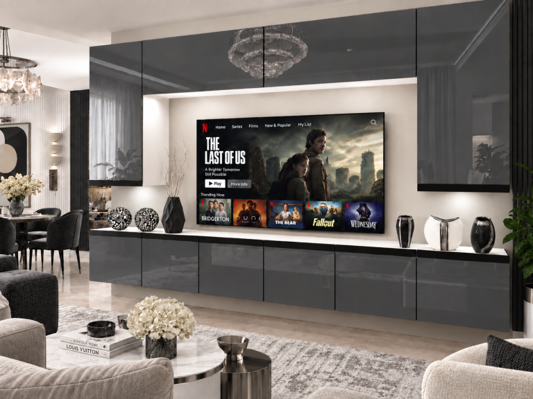 Meblościanka Prestige 300 cm TV/RTV szara połysk Producent IMP P Monroe 2/5/W/S/0/0/CM
