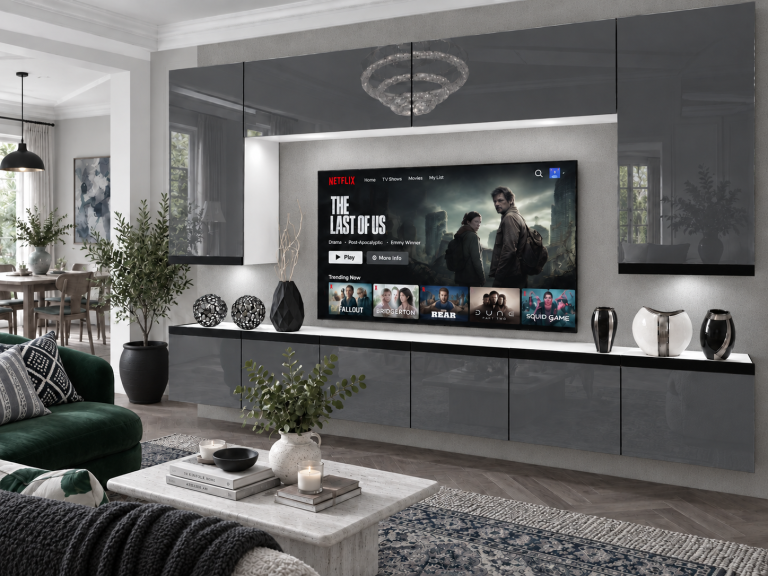 Meblościanka Prestige 300 cm TV/RTV szara połysk Producent IMP P Monroe 2/5/W/S/0/0/CM