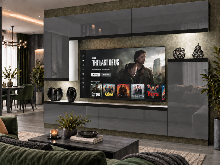 Meblościanka Prestige 250 cm TV/RTV szara połysk Producent IMP P Woody 8/5/W/S/0/0/CM